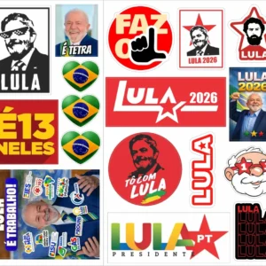 Cartela de adesivos Lula Presidente 2026 com estampas e símbolos variados